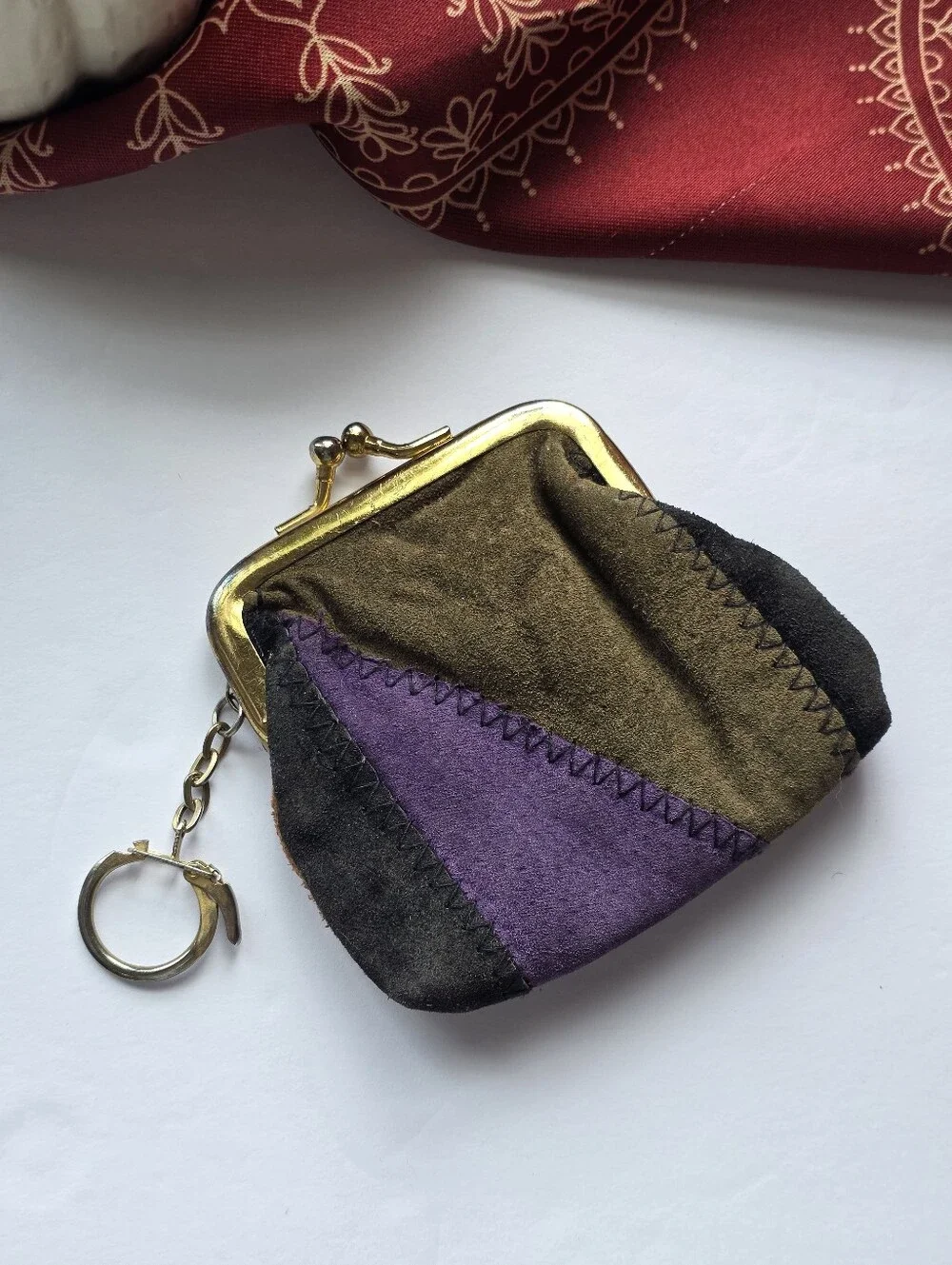 Vintage Leather Patchwork Coin Purse Kiss Lock